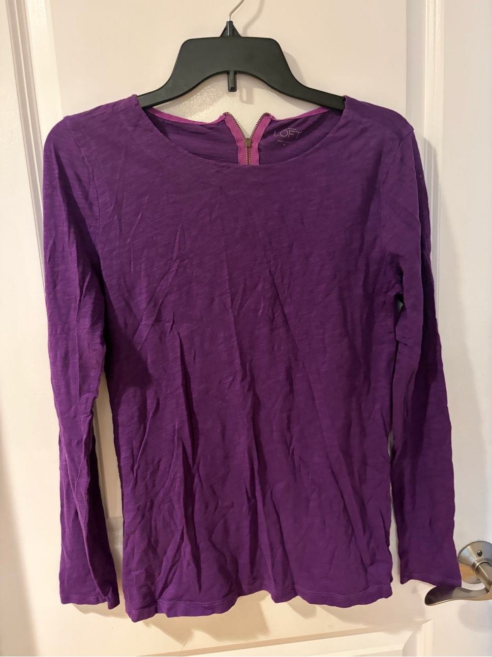 LOFT Purple Long-Sleeve Top with Back Zip Detail